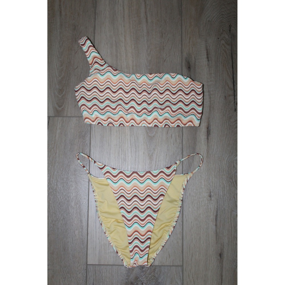 O'Neill Women's One Shoulder Bikini Set Wavy Chevron Textured Two Piece Small